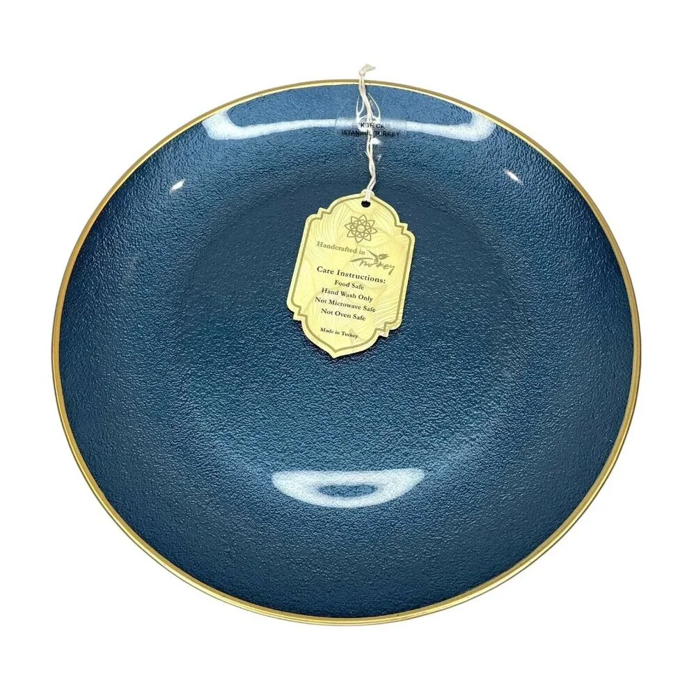 Turkish Glass 4 Entree Dinner Plates Set Blue Textured Gold Rim 11